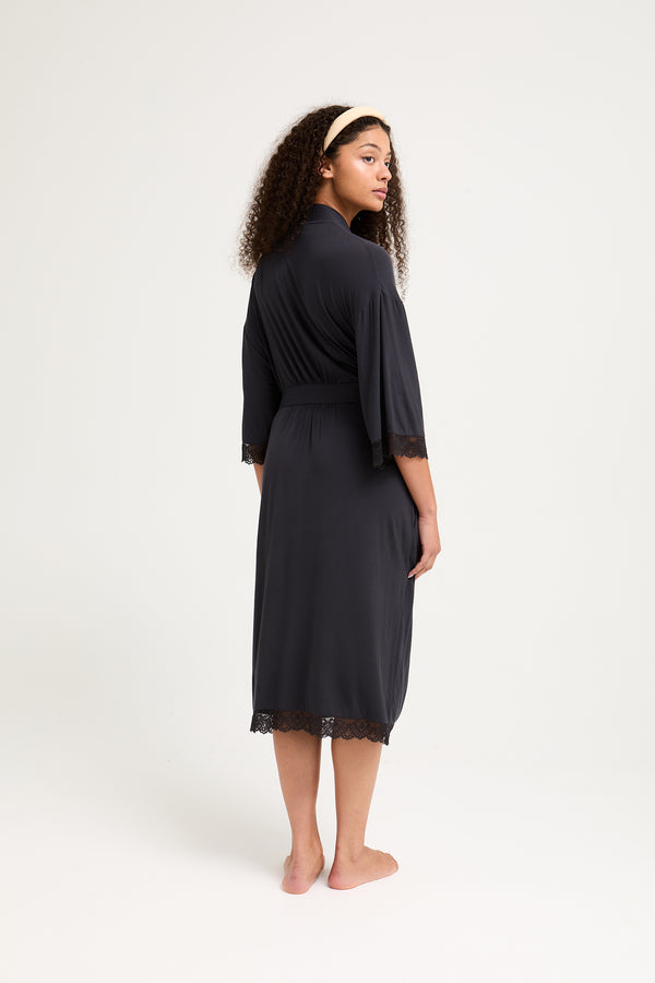 Pretty You Bamboo Lace Kimono Robe In Raven
