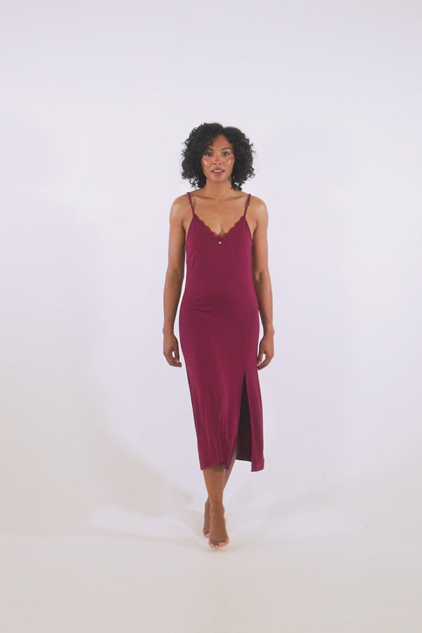 Pretty You Bamboo Lace Midaxi Chemise In Bordeaux