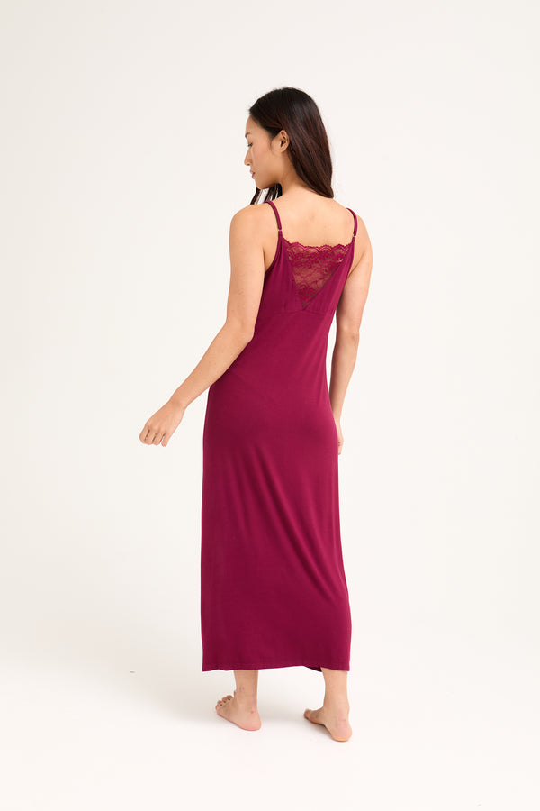 Pretty You Bamboo Lace Midaxi Chemise In Bordeaux