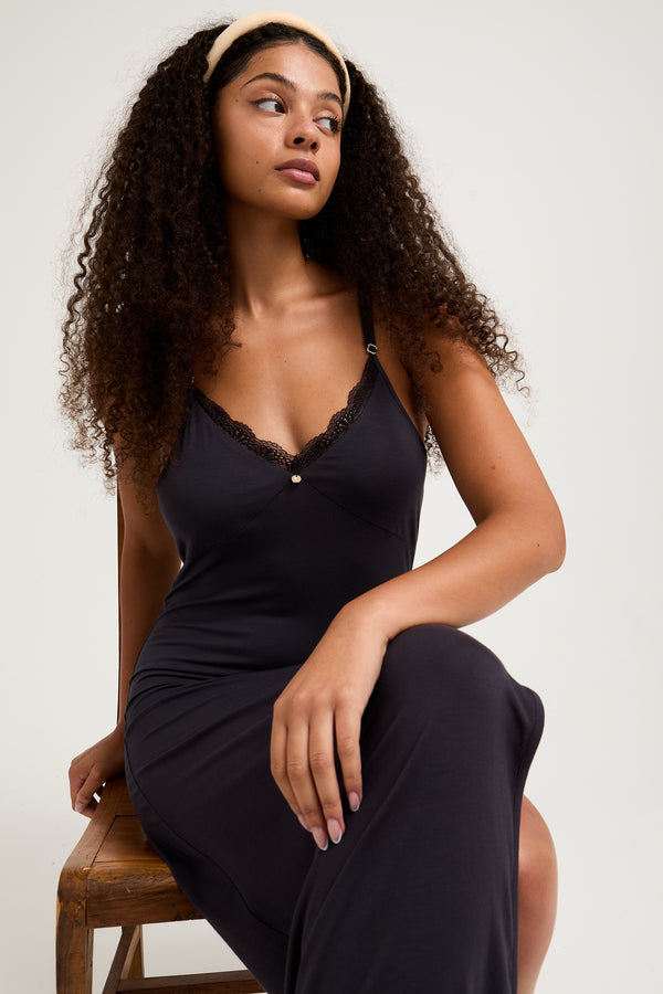 Pretty You Bamboo Lace Midaxi Chemise In Raven