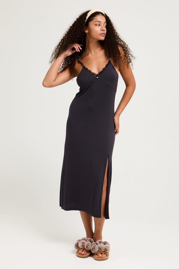 pretty you Bamboo Lace Midaxi Chemise in Raven