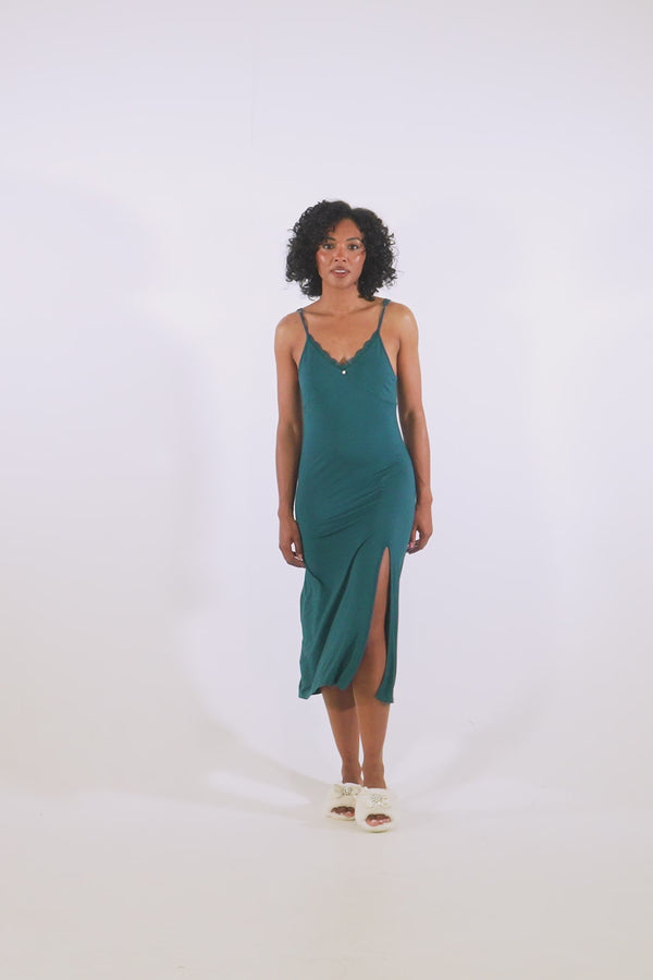 Pretty You Bamboo Lace Midaxi Chemise In Teal