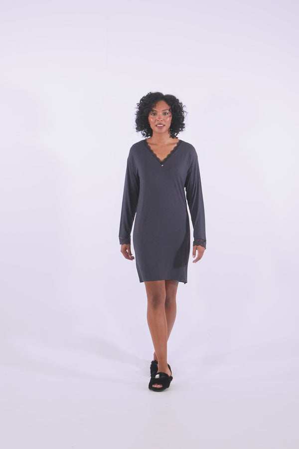 Pretty You Bamboo Lace Nightdress In Raven