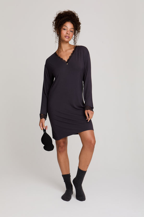 pretty you Bamboo Lace Nightdress in Raven