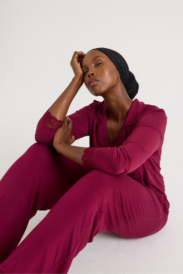 Pretty You Bamboo Lace Pajama Set In Bordeaux