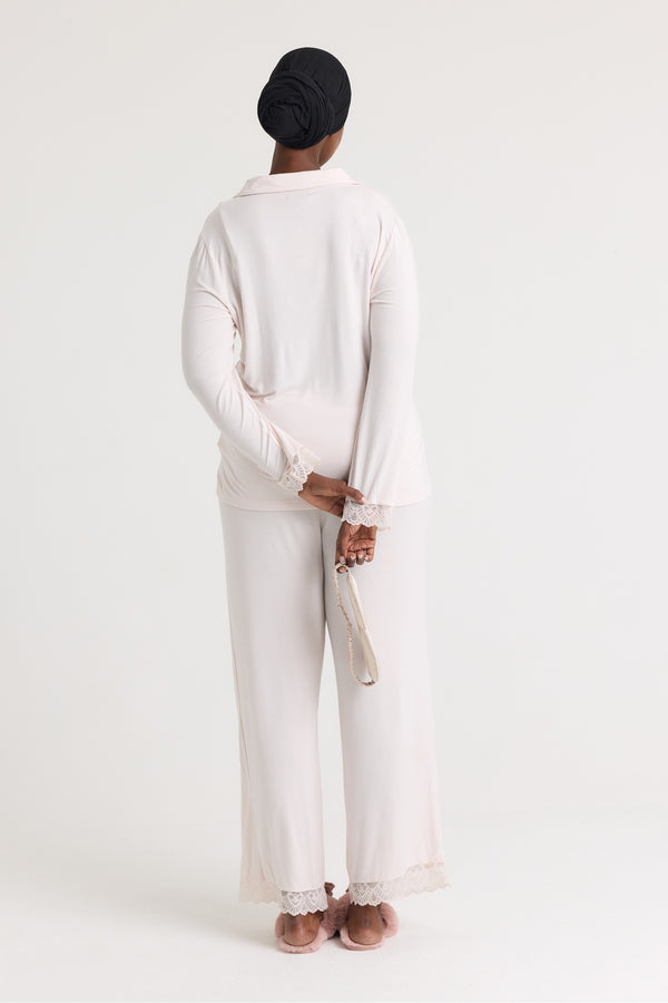 Pretty You Bamboo Lace Pajama Set In Powder Puff