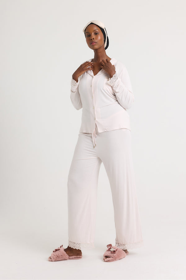 pretty you Bamboo Lace Pajama Set in Powder Puff