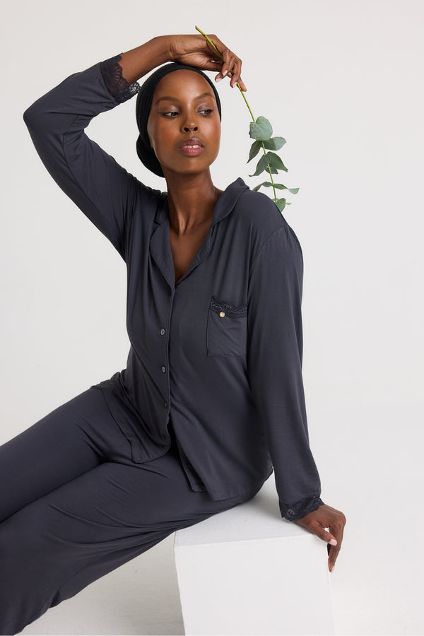 Pretty You Bamboo Lace Pajama Set In Raven