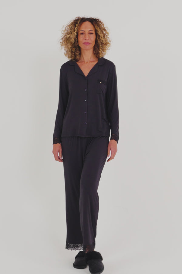 Pretty You Bamboo Lace Pajama Set In Raven