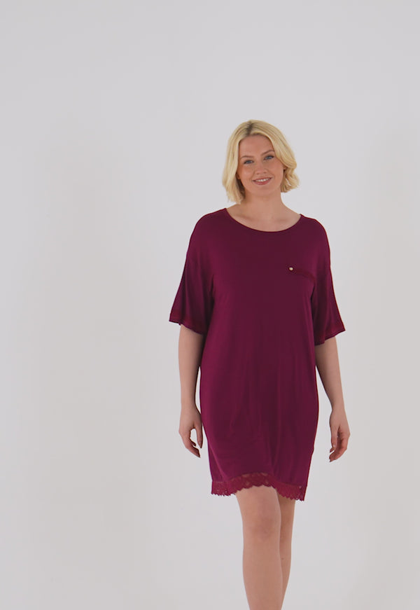 Pretty You Bamboo Lace Tee Dress In Bordeaux