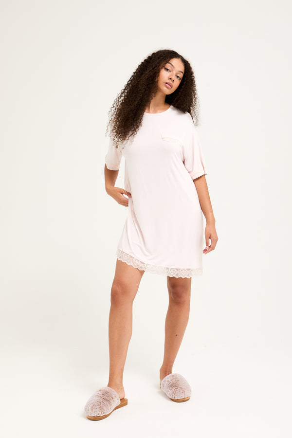 pretty you Bamboo Lace Tee Dress in Powder Puff