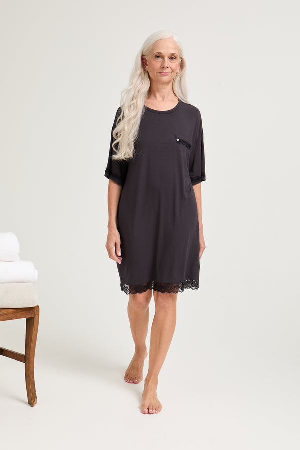 pretty you Bamboo Lace Tee Dress in Raven