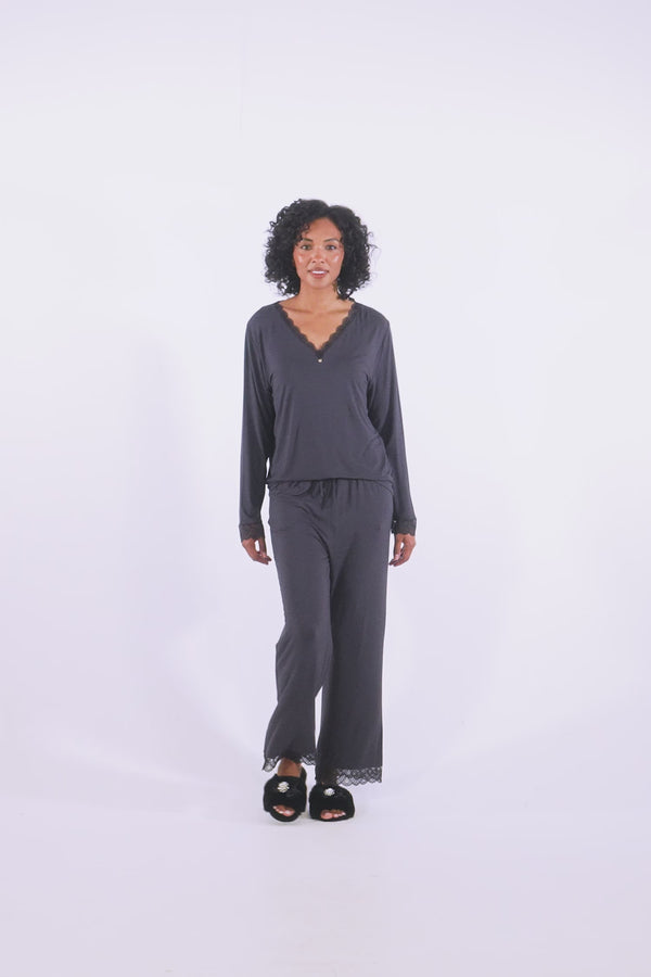 pretty You Bamboo Lace V-Neck Pyjama Set In Raven