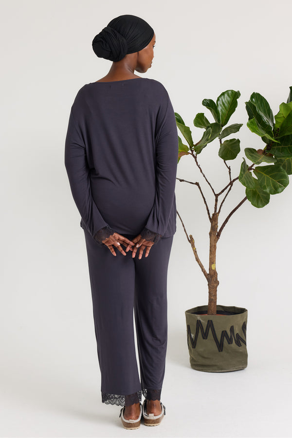 pretty You Bamboo Lace V-Neck Pyjama Set In Raven