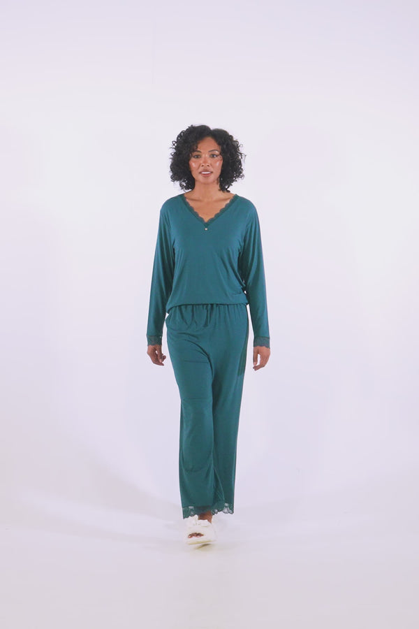 Pretty You Bamboo Lace V-Neck Pyjama Set In Teal
