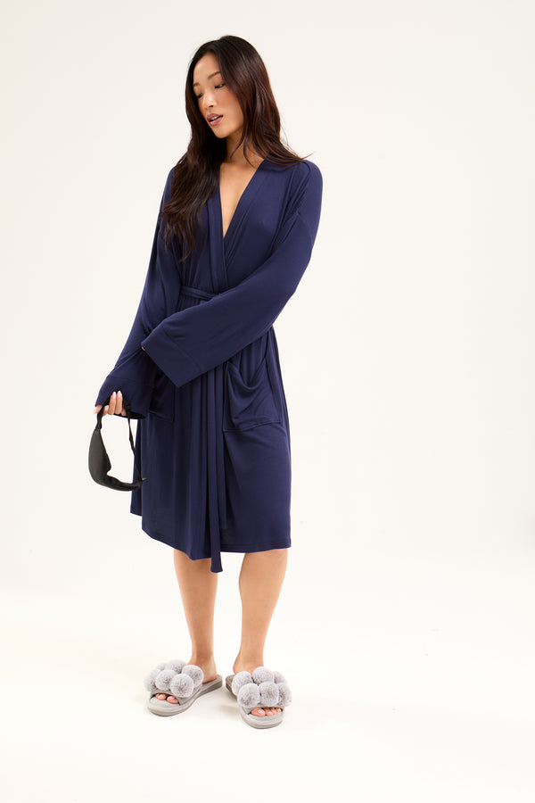 pretty you EcoVero Ribbed Robe in Midnight