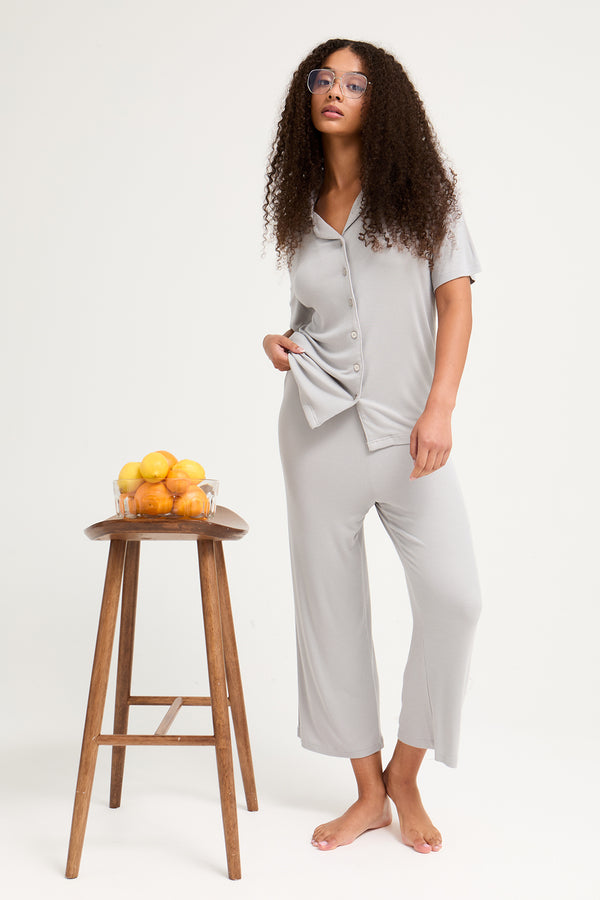 pretty you EcoVero Ribbed Shirt Capri Set in Grey