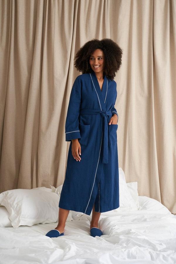 pretty you Luxury Suite Waffle Robe in Marine Blue
