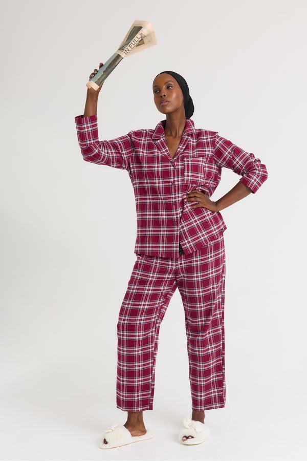 Pretty You Plaid Pajama Set In Bordeaux