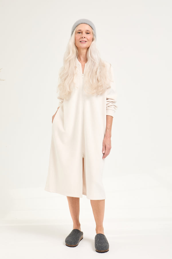 pretty you Ribbed Zip Front Housecoat in Cream