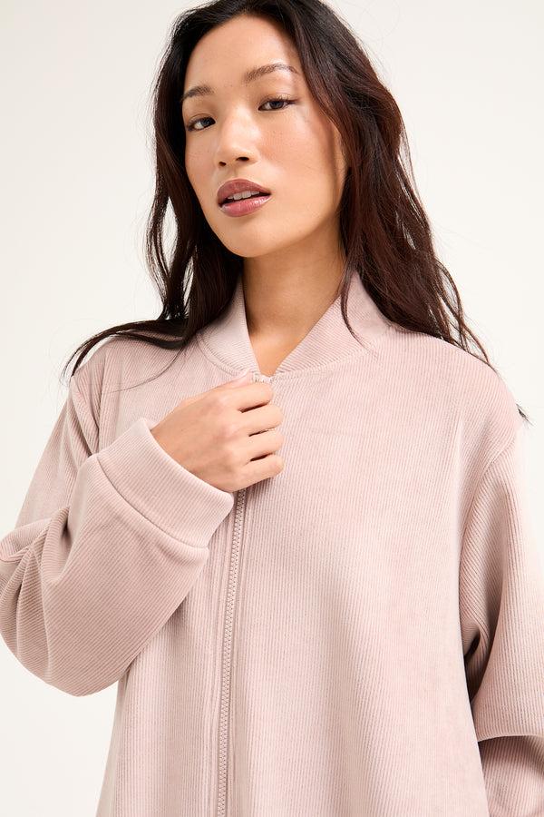 Pretty You Ribbed Zip Front Housecoat In Mink