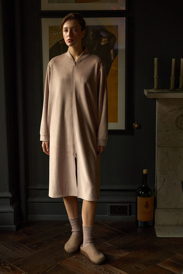 pretty you Ribbed Zip Front Housecoat in Mink