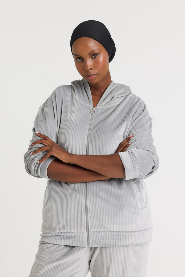 Pretty You Velour Hoody Jogger Set In Grey