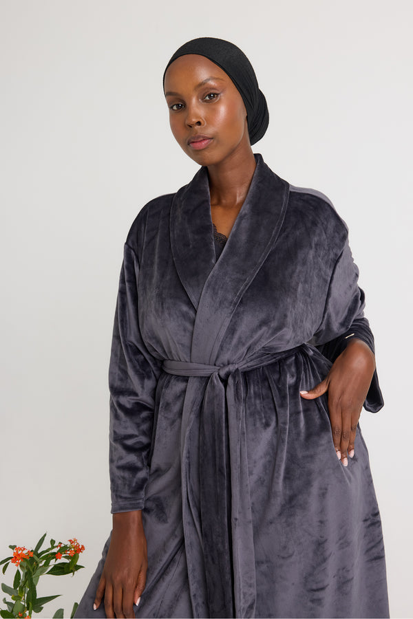 Pretty You Velour Longline Dressing Gown In Raven