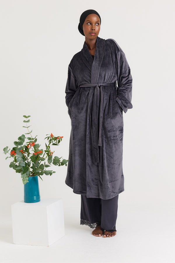 Pretty You Velour Longline Dressing Gown In Raven
