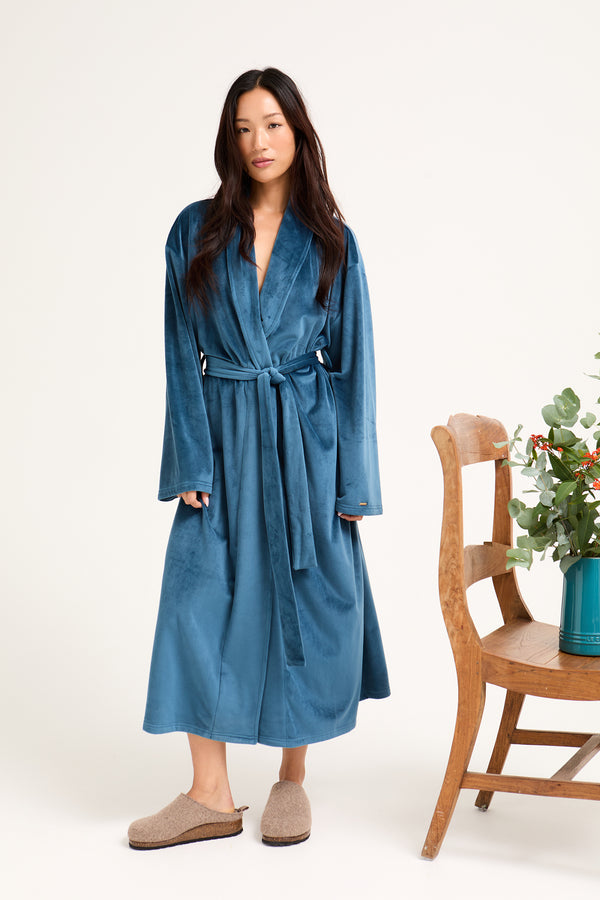 pretty you Velour Longline Dressing Gown in Teal
