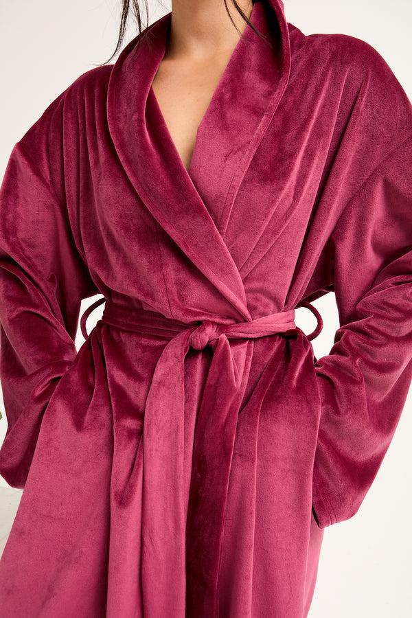 Pretty You Velour Longline Dressing Gown In Bordeaux