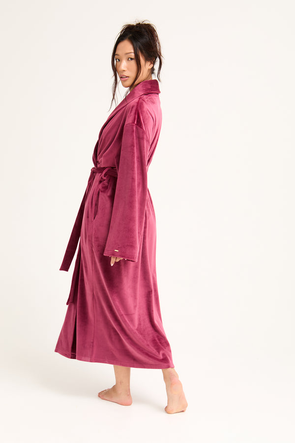 Pretty You Velour Longline Dressing Gown In Bordeaux