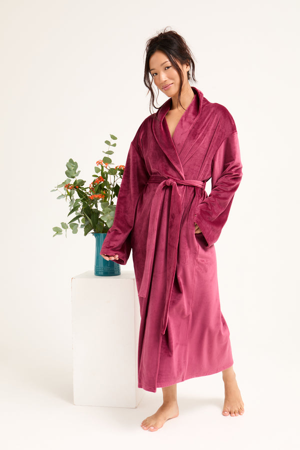 Pretty You Velour Longline Dressing Gown In Bordeaux