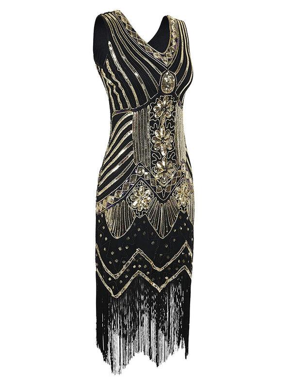 Prettyguide PrettyGuide Women 1920s Dress V Neck Beaded Sequin Deco Gatsby Inspired Flapper Dress