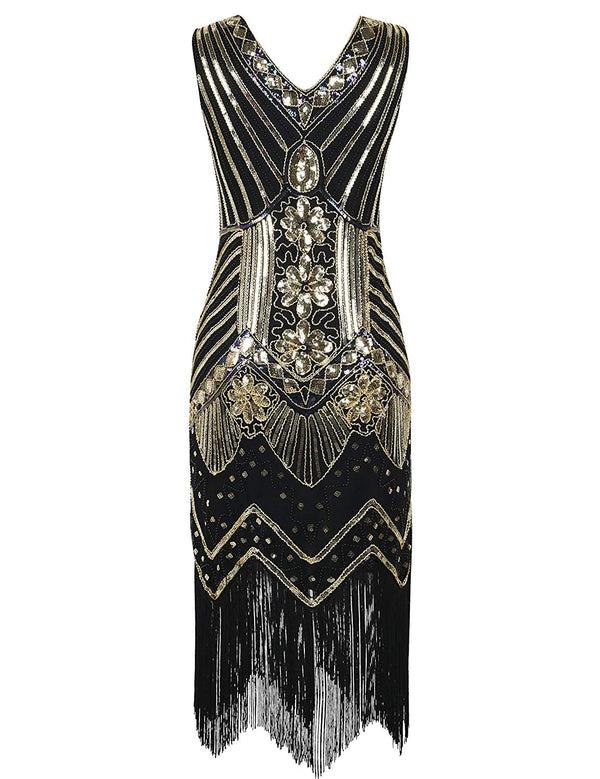 Prettyguide PrettyGuide Women 1920s Dress V Neck Beaded Sequin Deco Gatsby Inspired Flapper Dress