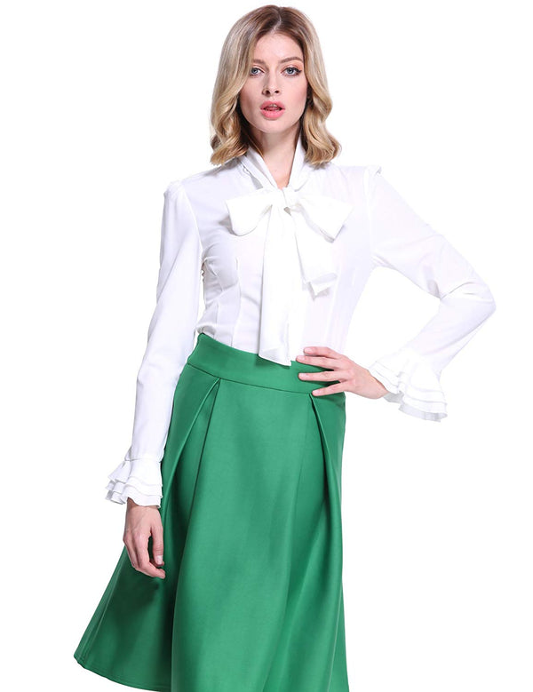 Prettyguide PrettyGuide Women 50's Retro Silky Bow Tie Shirts Ruffle Victoria Blouse Tops