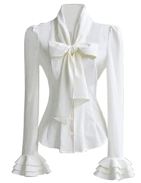 prettyguide PrettyGuide Women 50's Retro Silky Bow Tie Shirts Ruffle Victoria Blouse Tops