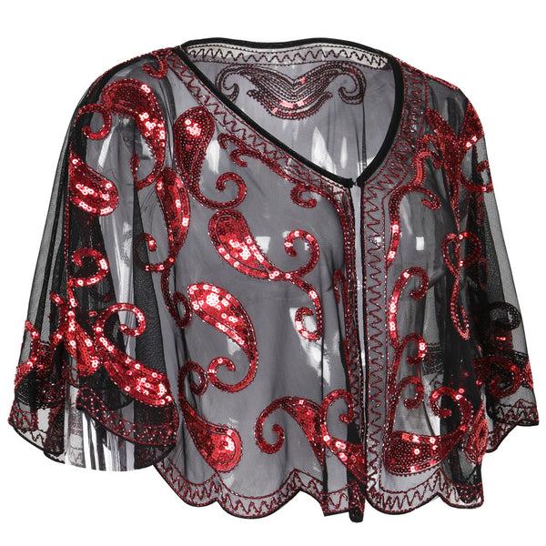 Prettyguide PrettyGuide Women Evening Cape Sequin Deco Paisley 1920s Shawl Flapper Cover Up