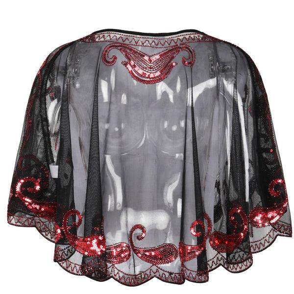 Prettyguide PrettyGuide Women Evening Cape Sequin Deco Paisley 1920s Shawl Flapper Cover Up