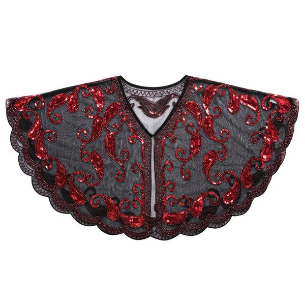 Prettyguide PrettyGuide Women Evening Cape Sequin Deco Paisley 1920s Shawl Flapper Cover Up