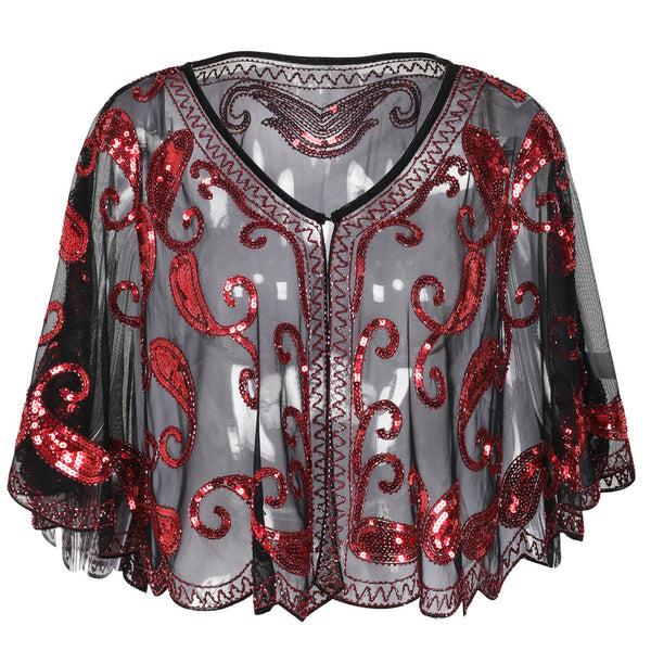 prettyguide PrettyGuide Women Evening Cape Sequin Deco Paisley 1920s Shawl Flapper Cover up