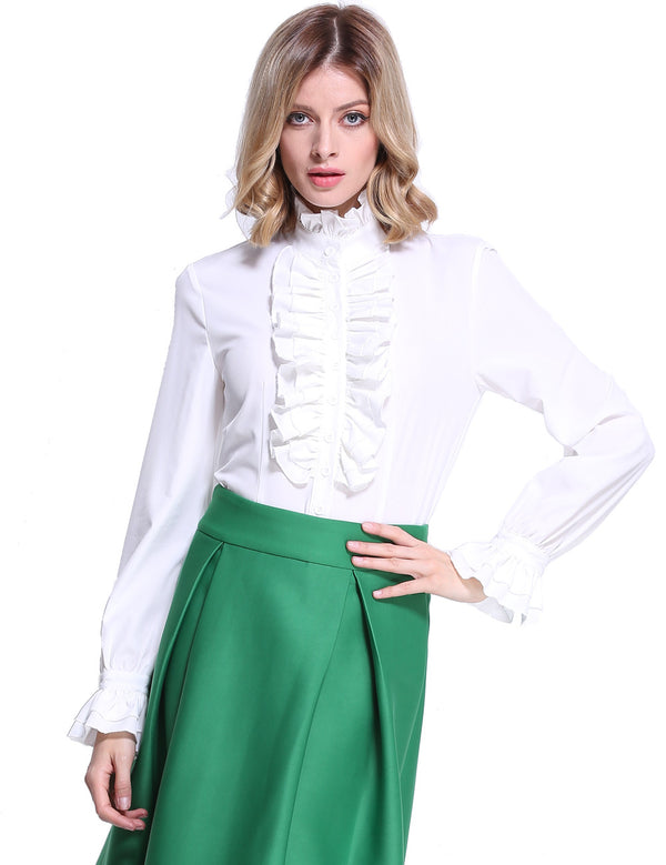 Prettyguide PrettyGuide Women Retro Stand Up Collar Lotus Ruffle Victoria Shirts Blouse