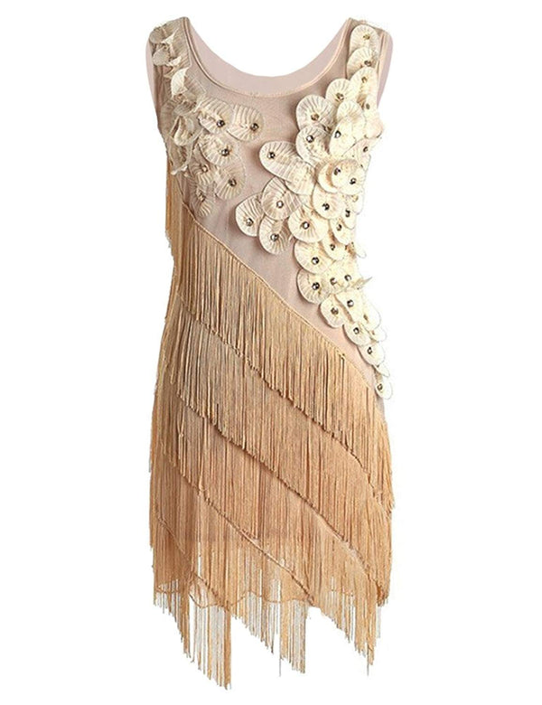 Prettyguide PrettyGuide Women's 1920s Beaded Fringe Scalloped Petal Plus Size Flapper Dress