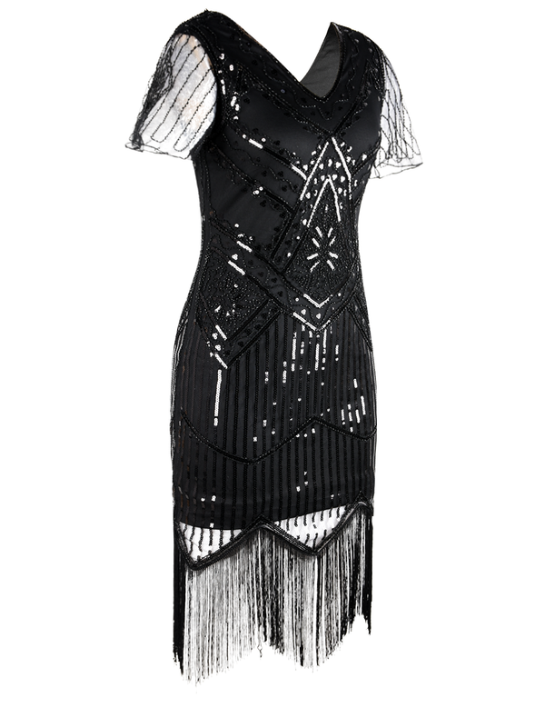 Prettyguide PrettyGuide Women's 1920s Flapper Dress Short Sleeve Glitter Sequin Inspired Fringed Party Cocktail Dresses
