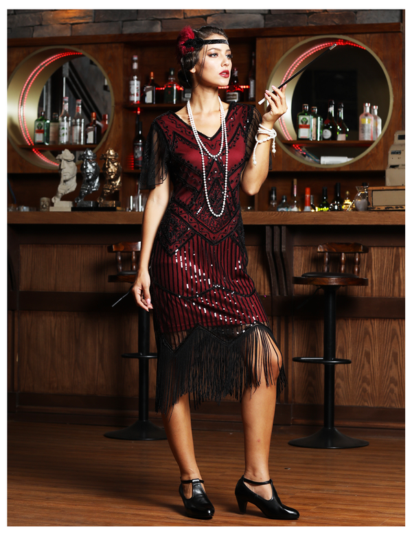 prettyguide PrettyGuide Women's 1920s Flapper Dress Short Sleeve Glitter Sequin Inspired Fringed Party Cocktail Dresses