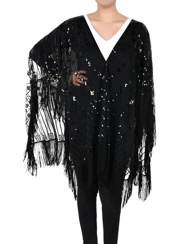 Prettyguide PrettyGuide Women's Evening Shawl Wraps Beaded 1920s Cape Poncho Fringed Cover Up
