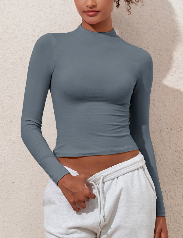 Prettyguide PrettyGuide Women's Long Sleeve Cotton Jersey Mock Neck T Shirt