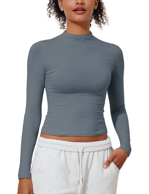 prettyguide PrettyGuide Women's Long Sleeve Cotton Jersey Mock Neck T Shirt