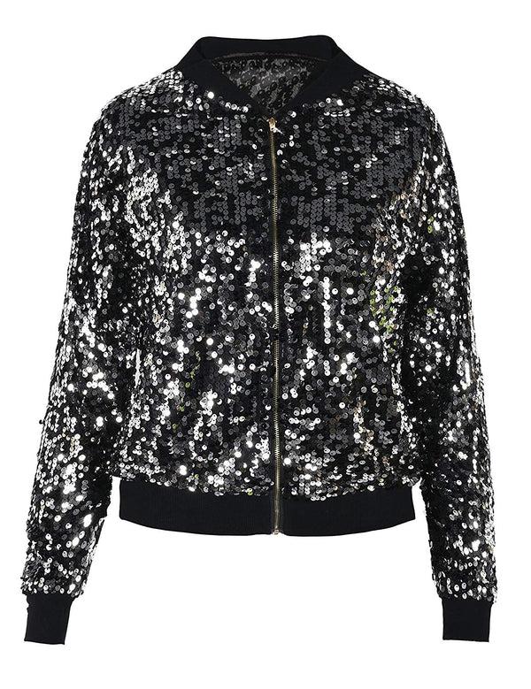 Prettyguide PrettyGuide Women's Sequin Blazer Long Sleeve Clubwear Sparkly Bomber Jacket