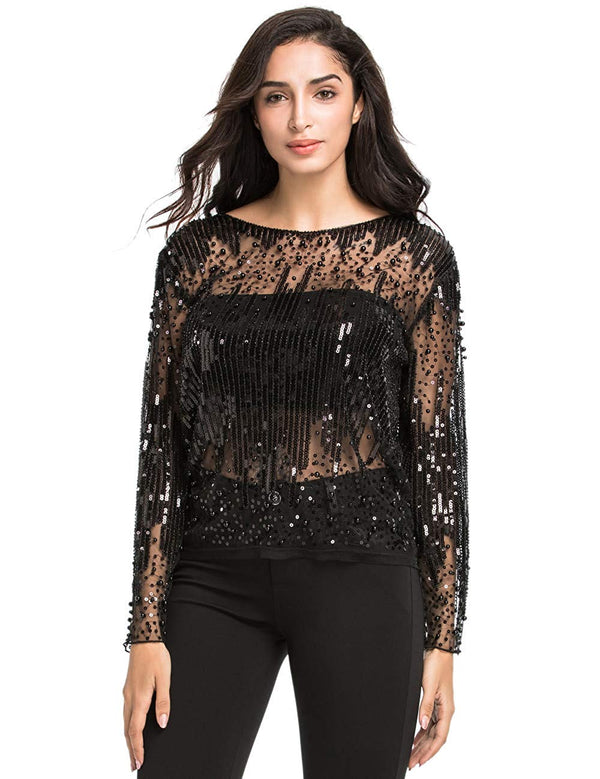 Prettyguide PrettyGuide Women's Sequin Blouse See Through Party Tops Beaded Sparkly Shirts